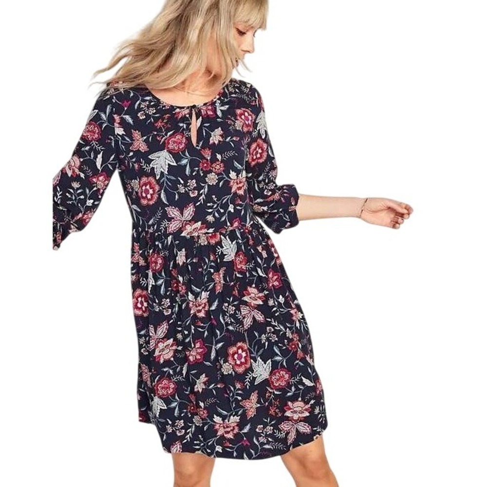 XL OLD NAVY Floral Print Dress Navy Blue Red Long Sleeve Bohemian Casual grandma